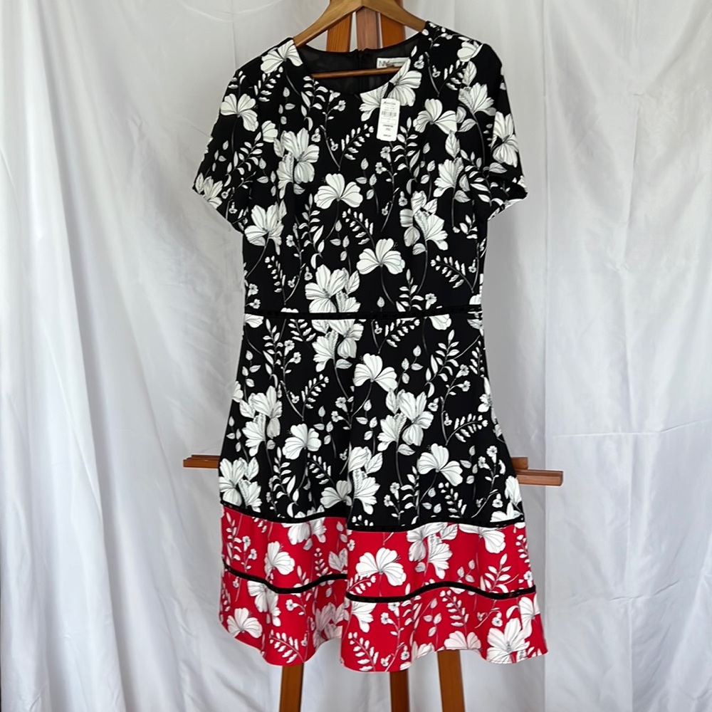 NWT Neiman Marcus midi black and red floral print, size 14